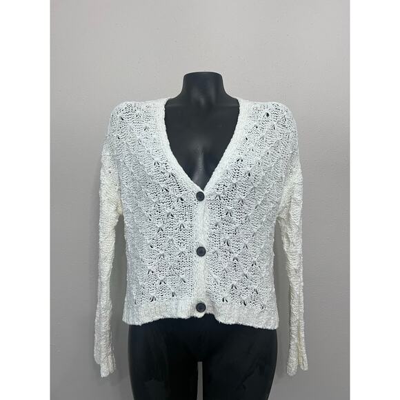 American Eagle Sweater Sz M V-Neck ButtonDown Open Weave White Cotton Acadamia - Picture 1 of 7